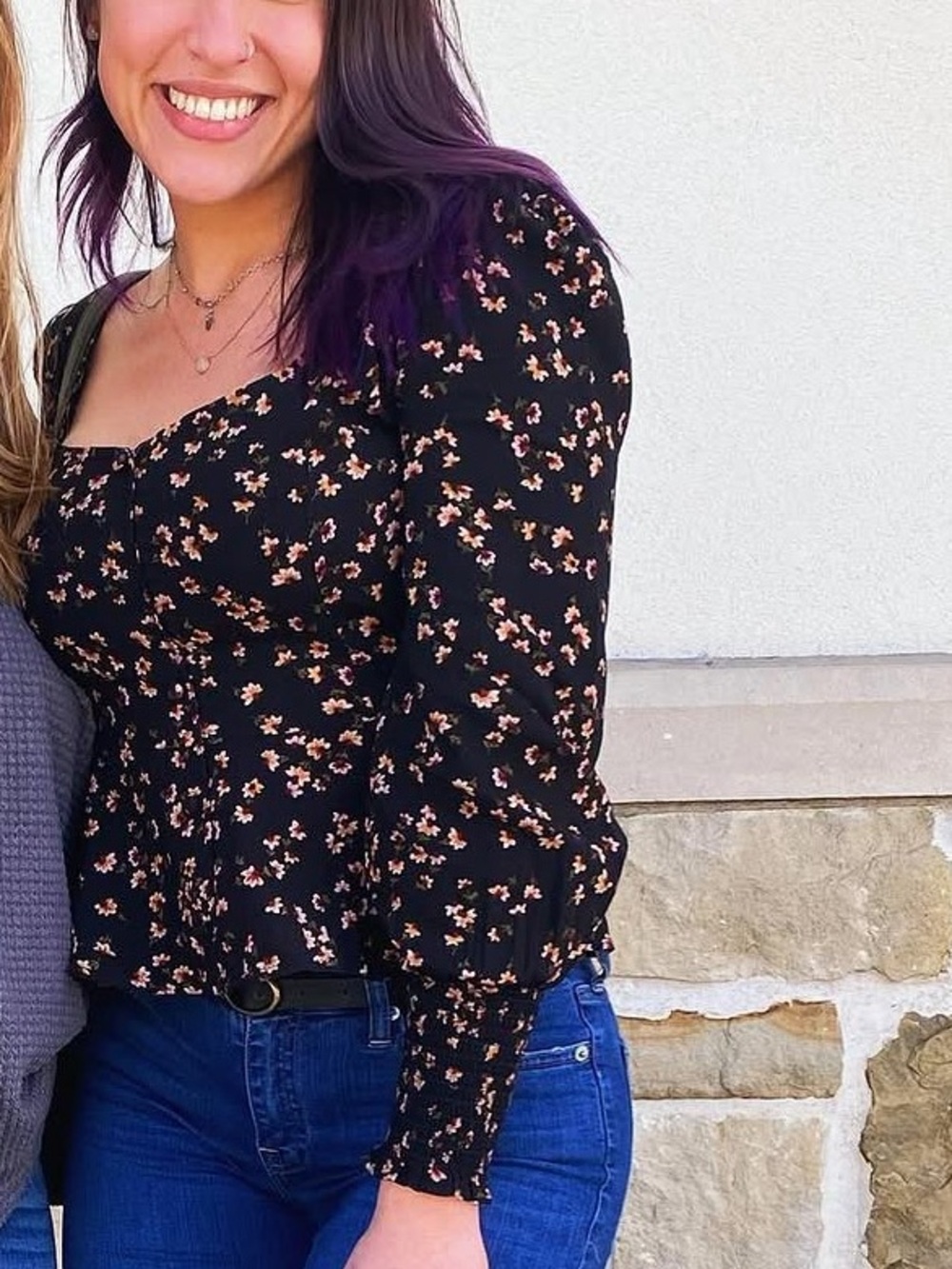 Abound Black Floral Peplum Long-Sleeve Blouse